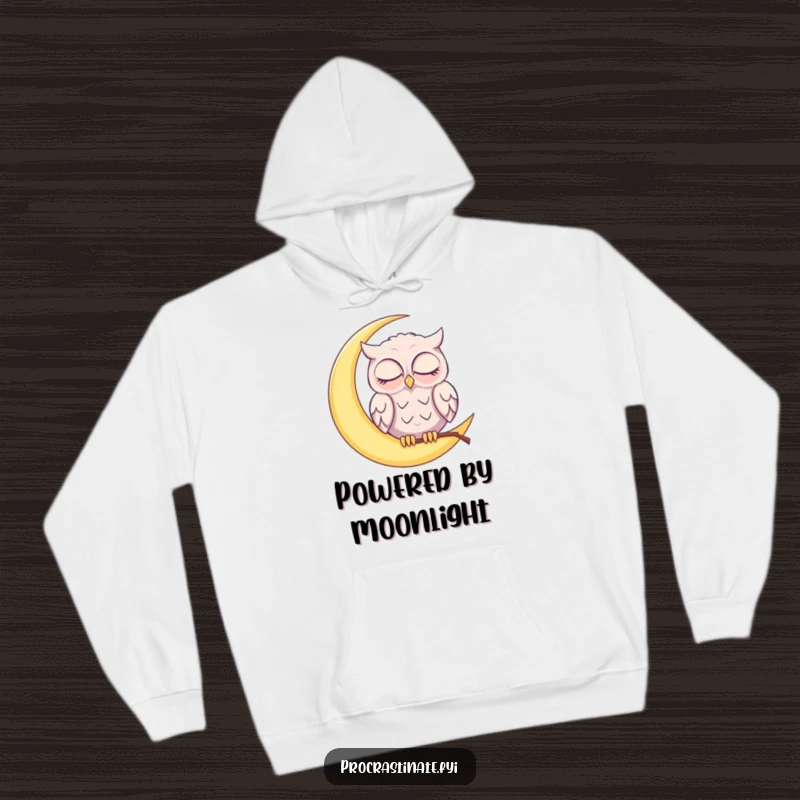 Funny sleepy owl perched on a glowing crescent moon, gently nodding off with half-closed eyes on this warm hoodie.