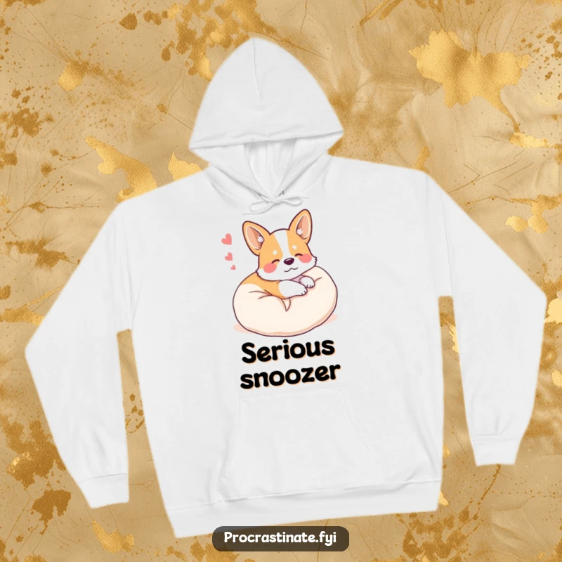 Funny happy corgi curled up on a plush pillow, dreaming, printed on a warm and cozy hoodie.