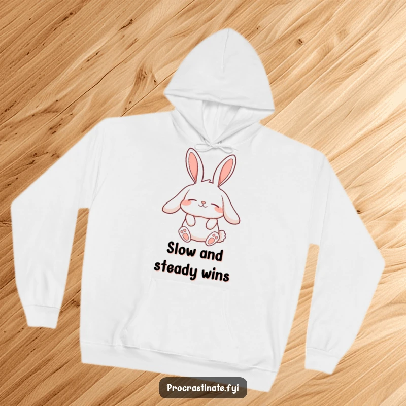 Funny lazy rabbit hoodie featuring a character with long, relaxed ears stretching slowly, perfect for cozy relaxation and chill vibes.