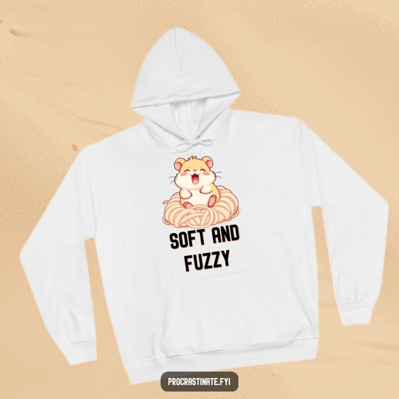 Funny giggling hamster character rolling happily in a pile of soft yarn, a warm and funny hoodie for cozy days.