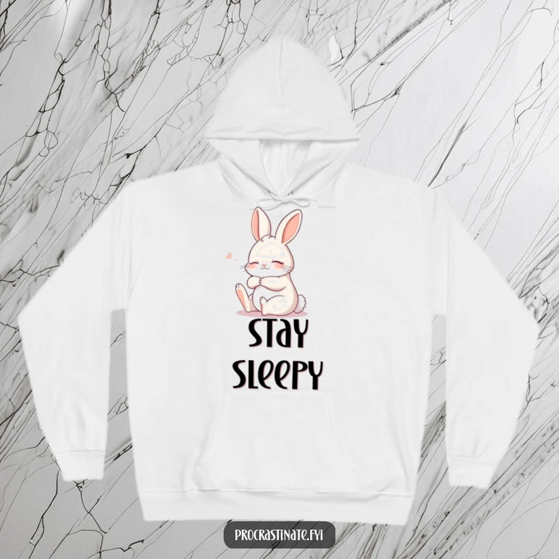 Funny, sleepy bunny performing a serene stretch while still dreaming, embodying ultimate relaxation in a cozy hoodie design.