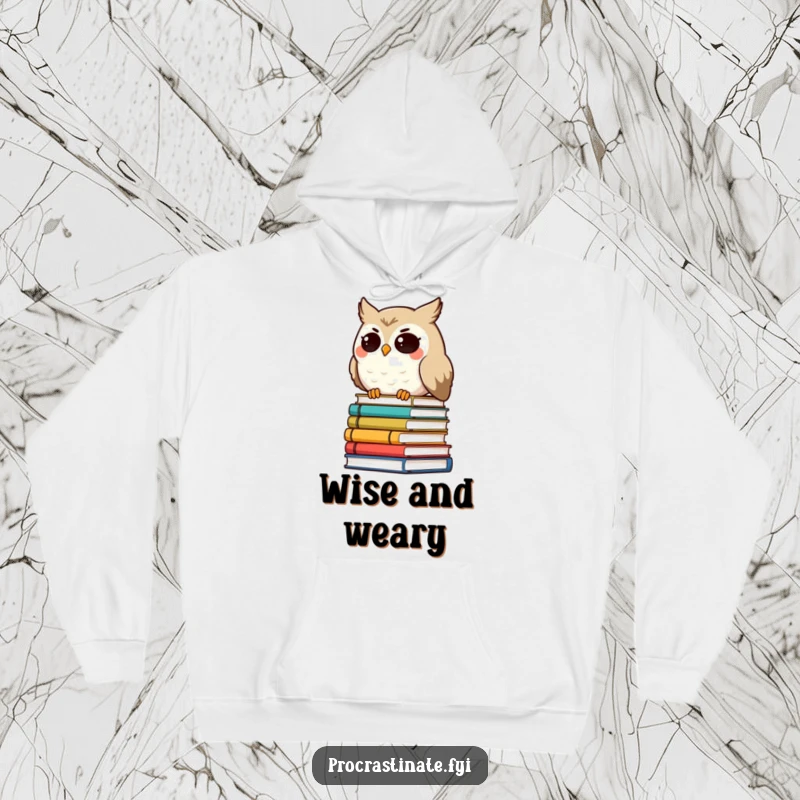 Funny smiling owl character with droopy eyes, leaning on a tilted stack of books, a warm and funny hoodie for study.