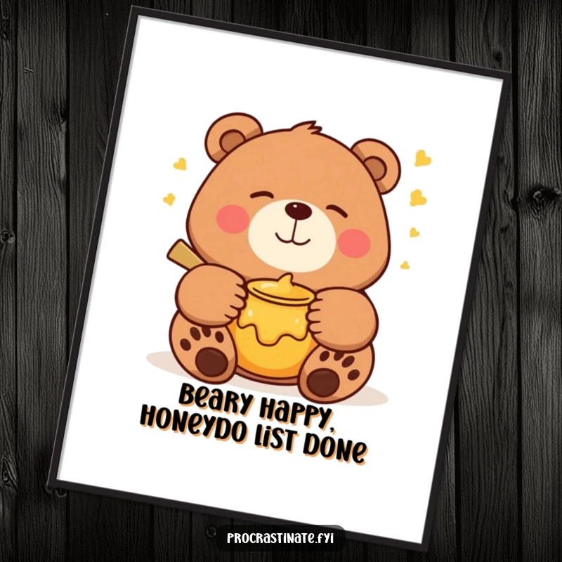 Funny free printable wall art: a happy bear sleeping deeply with a smile, a honey pot beside it, creating a cozy atmosphere.