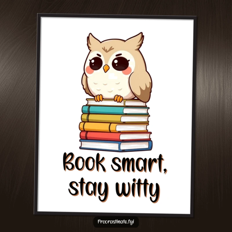 Funny free printable wall art: a smiling owl with sleepy eyes leans on a tilted, uneven stack of colorful books.