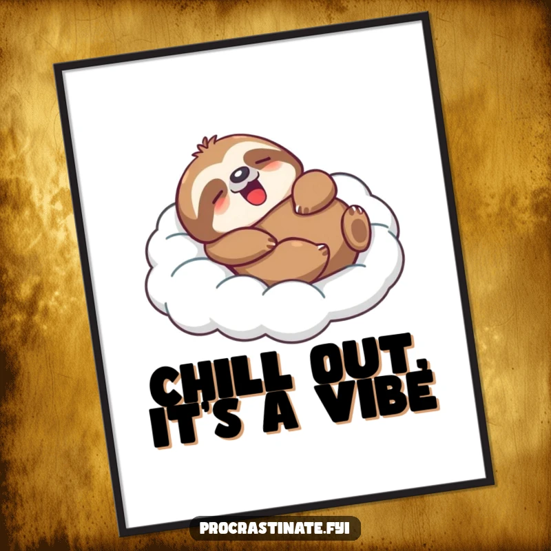 Funny Free Printable Wall Art: A comfortable sloth character lounging on a fluffy cloud and yawning peacefully!