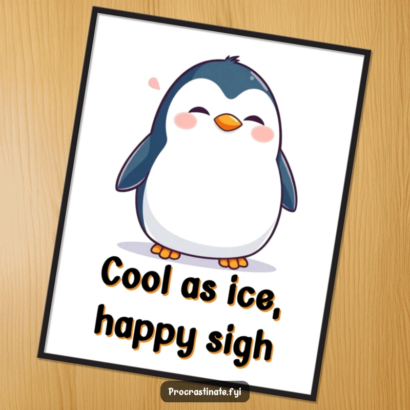 Funny Free Printable Wall Art of a happy penguin waddling slowly with a contented sigh, bringing cheerful vibes.