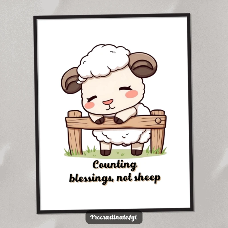 Funny Free Printable Wall Art: Adorable kawaii sheep gently nodding off, leaning on a rustic fence, exuding peacefulness.