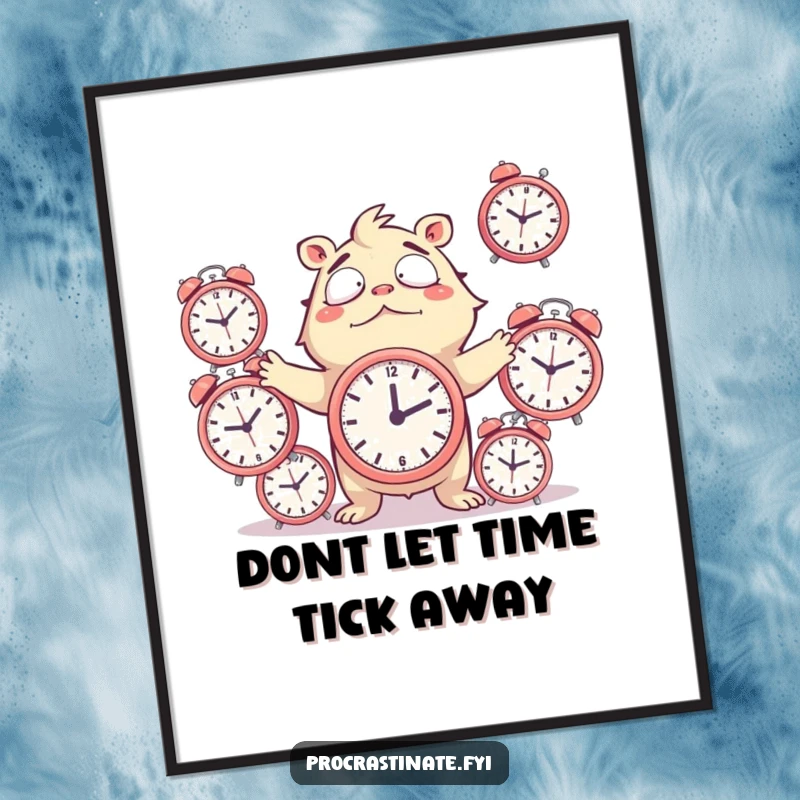Funny Free Printable Juggling Clocks Art: A creature comically trying to juggle multiple ticking alarm clocks, highlighting life's amusing challenges.