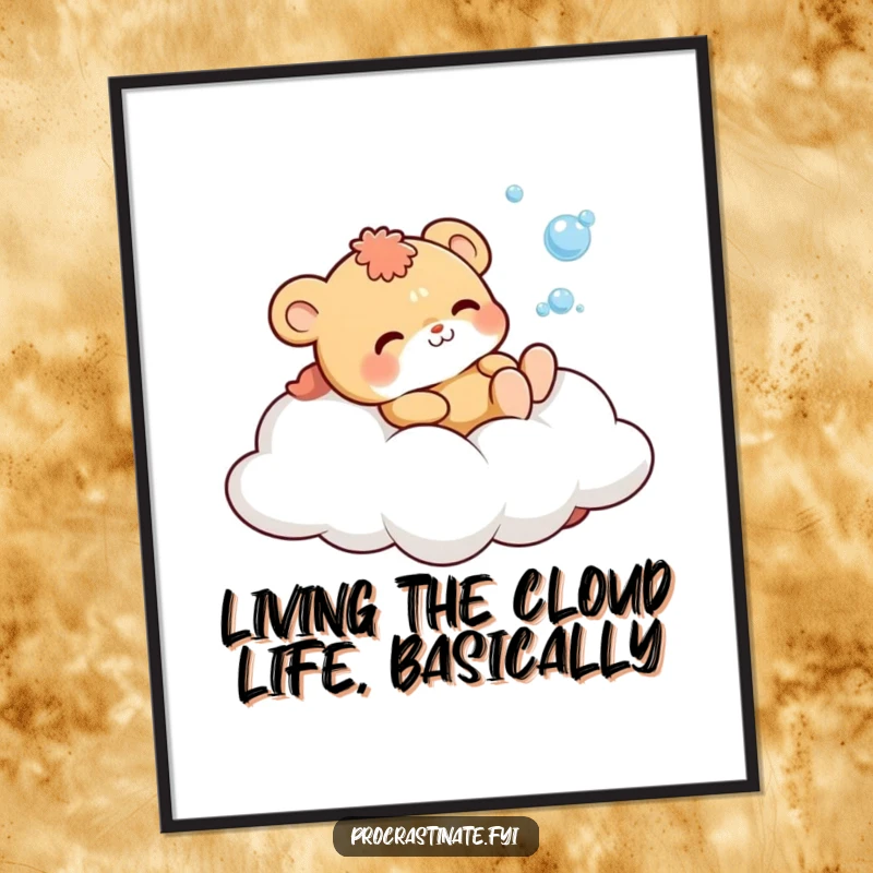 Funny Free Printable Wall Art: Cute animal blissfully lounging on a cloud, blowing colorful bubbles.