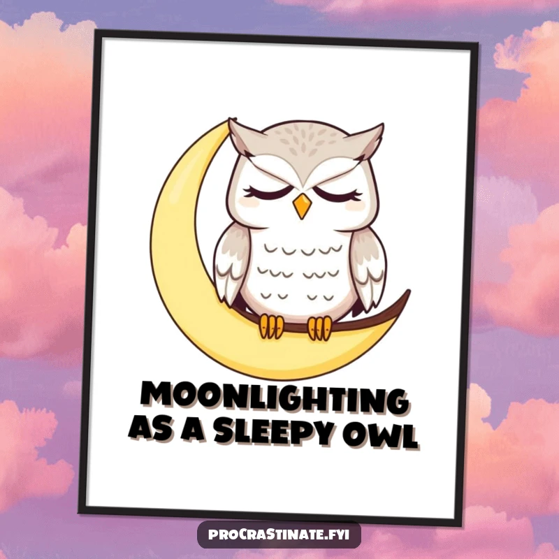 Funny Free Printable Wall Art: Dazed owl perched on a crescent moon, looking sleepy and calm.