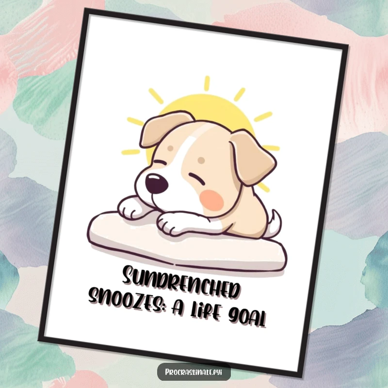 Funny Free Printable Wall Art: A tranquil dog stretching leisurely in a bright sunbeam, radiating peace and humor.