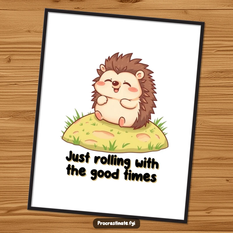 Funny Free Printable Wall Art of a joyful hedgehog rolling down a grassy hill, exuding relaxation and simple happiness.