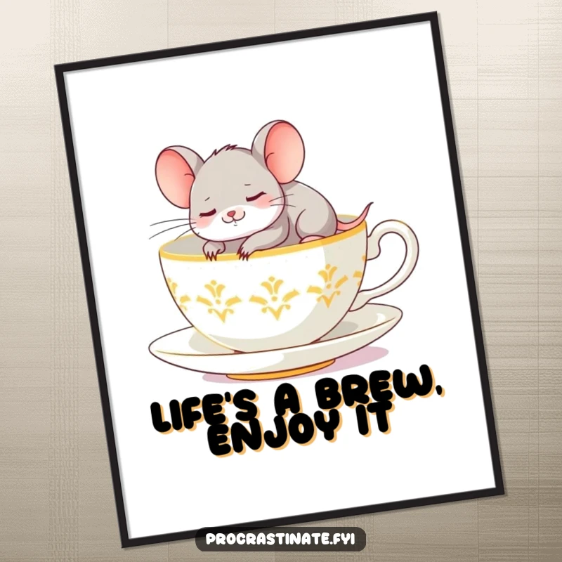 Funny Free Printable Mouse Wall Art: Giggling mouse snoozes on oversized teacup saucer, a whimsical and charming downloadable art piece.