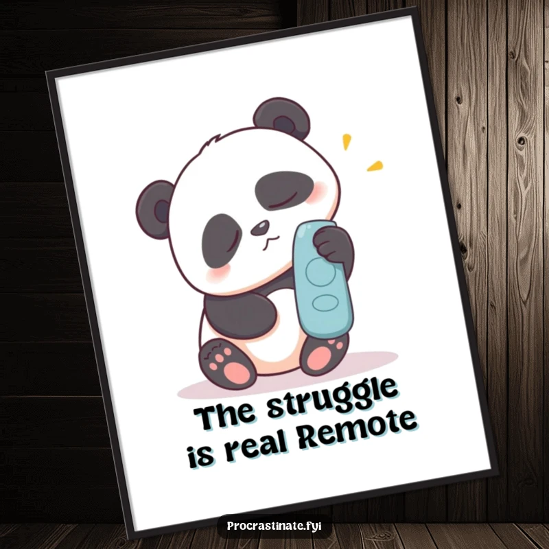 Funny Free Printable Wall Art depicting a sleepy panda exerting great effort to reach for a remote control, a humorous scene.