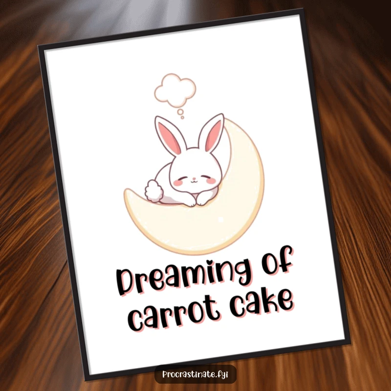 Funny Free Printable Wall Art: Sweet bunny sleeping soundly on a soft moon, a gentle dream bubble floating above.