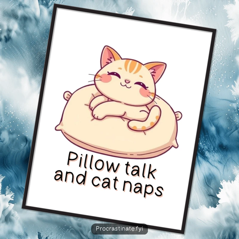 Funny Free Printable Wall Art: Cheerful cat lounging lazily, dramatically stretching on a comically large pillow.