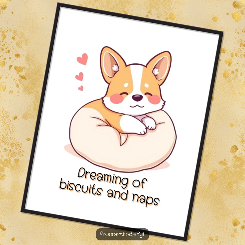 Funny Free Printable Wall Art: A happy corgi curled up on a plush pillow, dreaming sweetly, perfect for a cozy room.