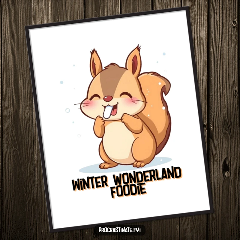 Funny free printable wall art: Joyful squirrel with its tongue out tries to catch falling snowflakes in a snowy wonderland.