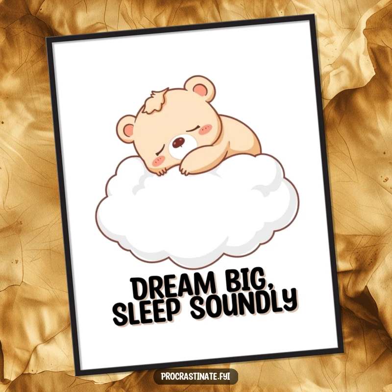 Funny Free Printable Wall Art: A sleepy bear cub napping peacefully on a giant cloud, perfect for a dreamy room.