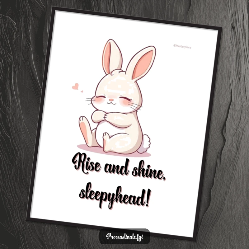 Funny free printable wall art of a relaxed bunny doing a gentle stretch while still asleep, adding calm humor.