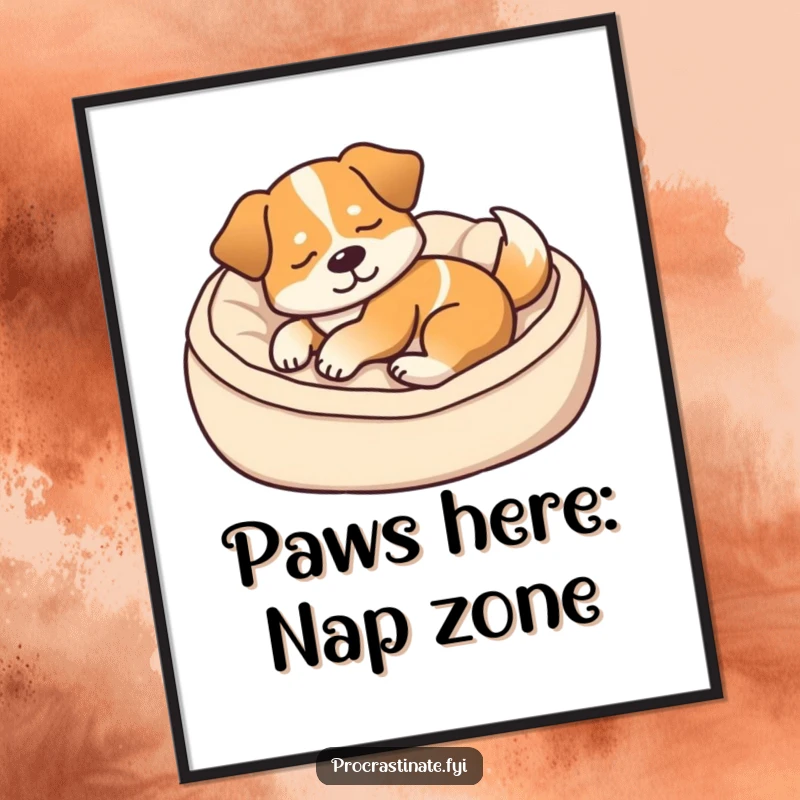 Funny free printable wall art of a content dog dozing peacefully in a cozy dog bed, tail giving a soft thump, perfect for home.