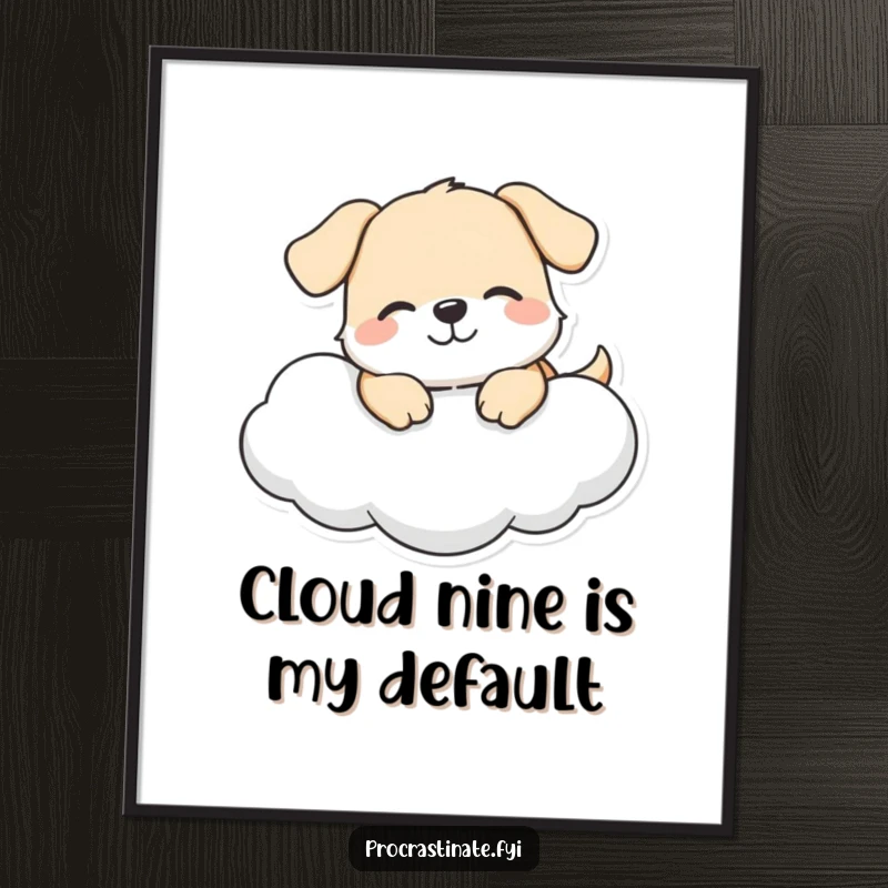 Funny Free Printable Wall Art: A happy dog character lounges joyfully on a cloud with a gentle smile, bringing whimsical and cheerful decor.