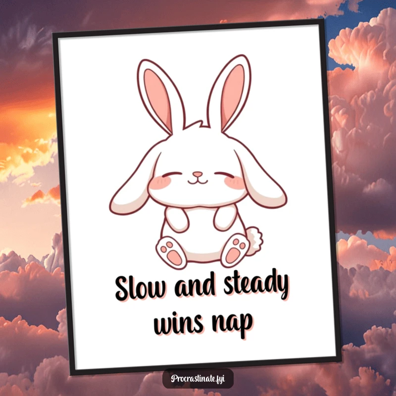 Funny Free Printable Wall Art: A lazy rabbit character with incredibly long, relaxed ears is stretching slowly, adding humorous, laid-back decor.