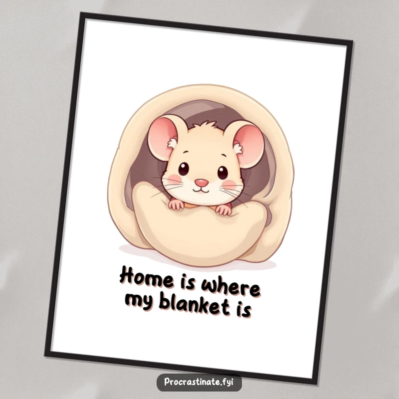 Funny Free Printable Wall Art: Adorable kawaii mouse peeking from beneath a fluffy, cozy blanket, creating a sense of warmth.