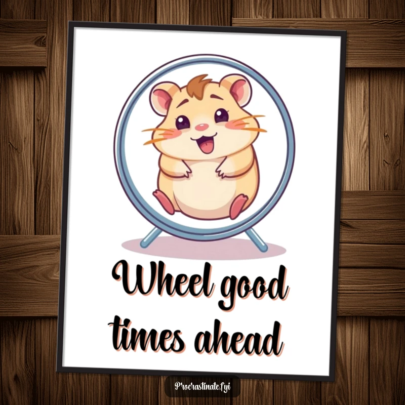 Funny Free Printable Wall Art: Cheerful, slightly dazed hamster spinning rapidly inside its wheel, a picture of energetic humor