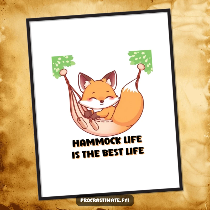 Funny Free Printable Wall Art: A relaxed fox comfortably sprawled in a gently swaying hammock, embodying ultimate relaxation.