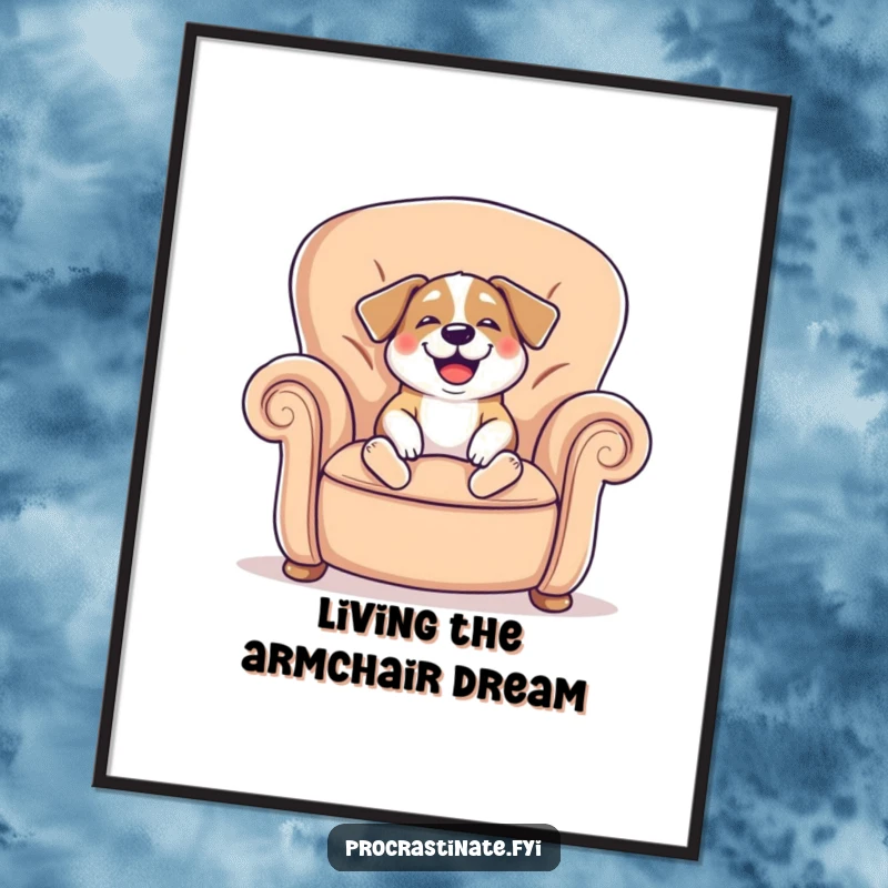 Funny Free Printable Wall Art of a cheerful dog sighing happily, sinking into a giant comfy armchair, pure contentment.
