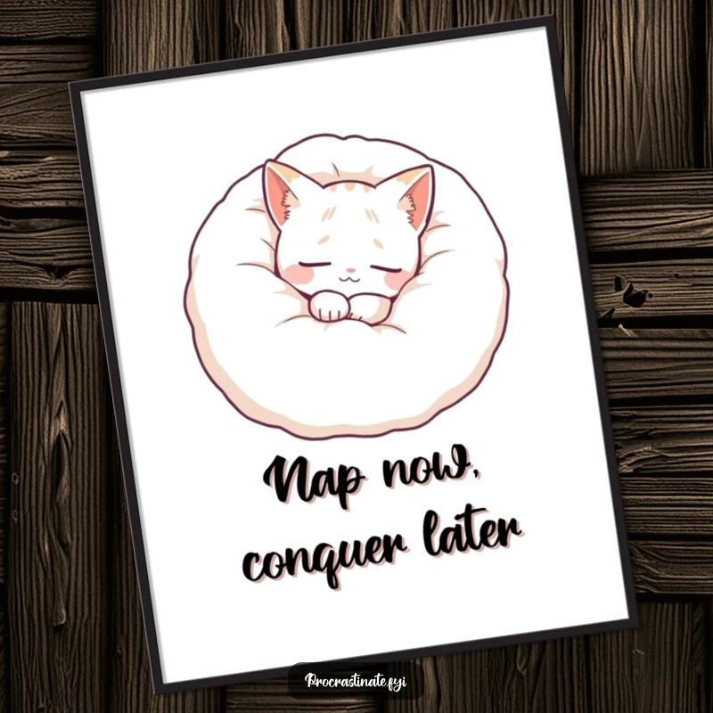 Funny Free Printable Wall Art: A content cat character is peacefully curled up in a giant, fluffy pillow, offering serene and humorous decor.