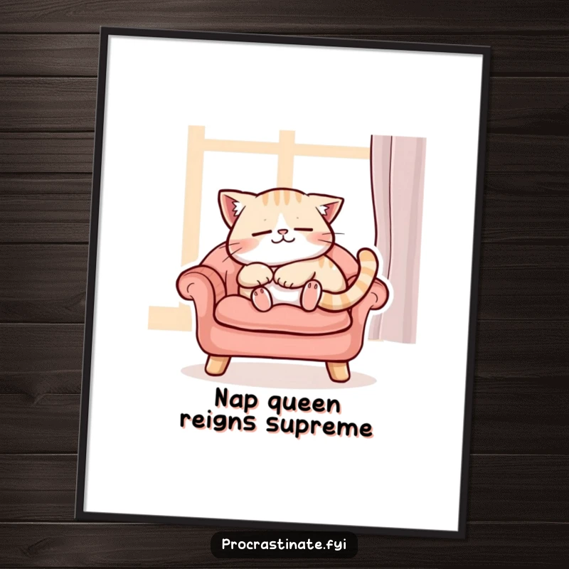 Funny free printable wall art: a content cat purring softly, fast asleep on a luxurious cushioned chair.