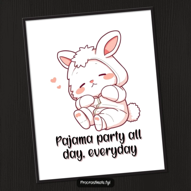 Funny Free Printable Wall Art: Fluffy bunny in pajamas stretching contentedly, embodying ultimate relaxation and humor.