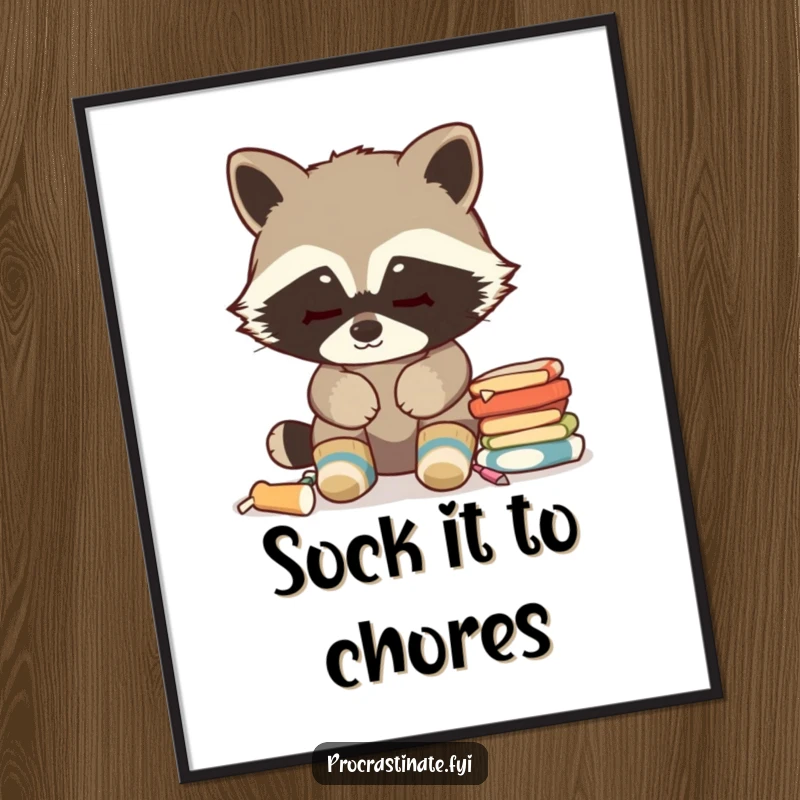 Funny free printable wall art: Stealthy raccoon in cozy socks stares blankly at a pile of chores, a relatable scene.