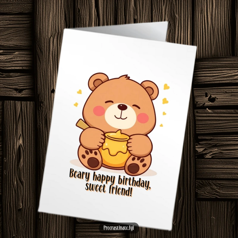 Funny free printable birthday card: a smiling bear blissfully dreaming next to a honey pot, radiating pure joy and relaxation.