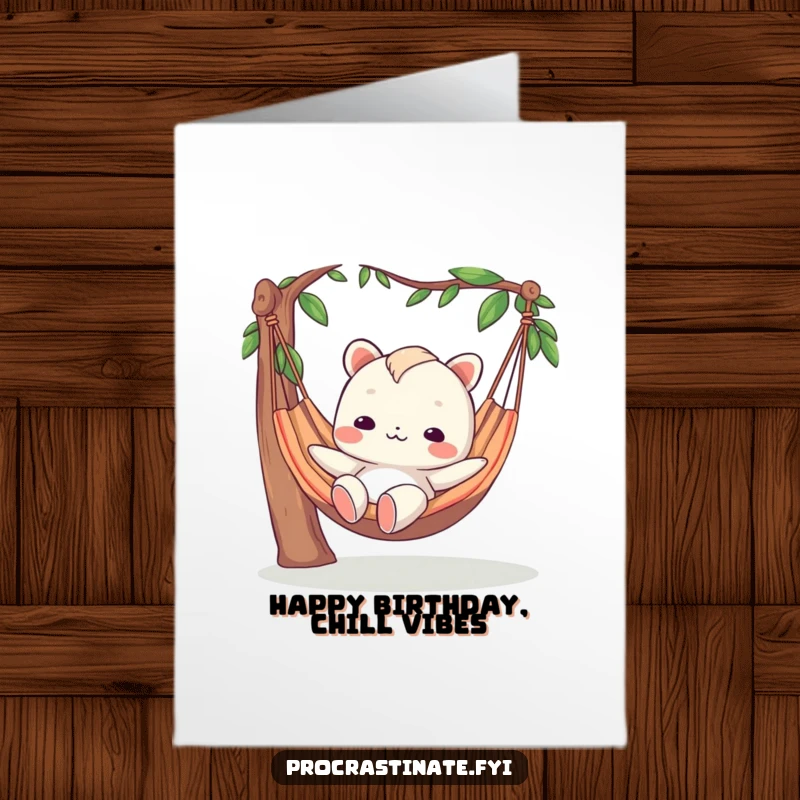 Funny Free Printable Birthday Card featuring a creature with a blissfully blank expression lounging lazily in a hammock, pure relaxation.
