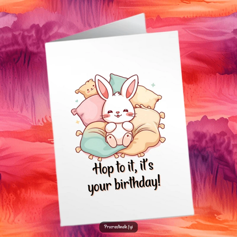 Funny Free Printable Birthday Card featuring a playful bunny character joyfully bouncing amidst flying blankets and pillows.
