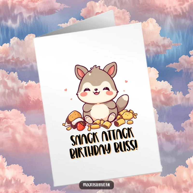 Funny Free Printable Birthday Card: A happy animal with a satisfied grin surrounded by snack wrappers, ready to party.