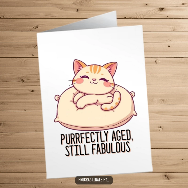 Funny Free Printable Birthday Card: Cheerful cat in a lazy, luxurious stretch on a giant pillow.