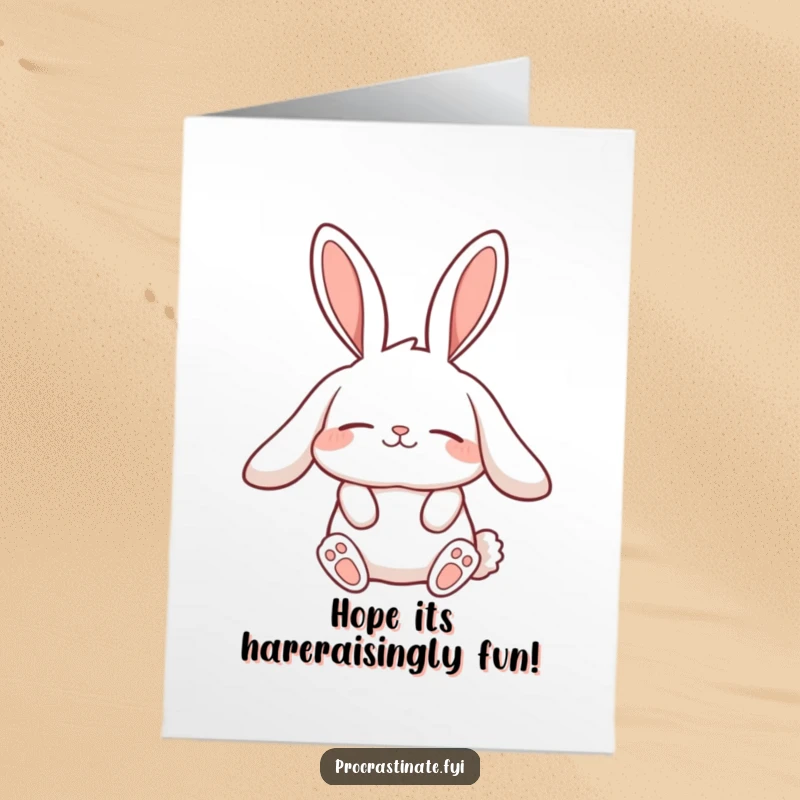 Funny Free Printable Birthday Card: A lazy rabbit character with incredibly long, relaxed ears is stretching slowly, wishing a happy birthday in slow-mo.