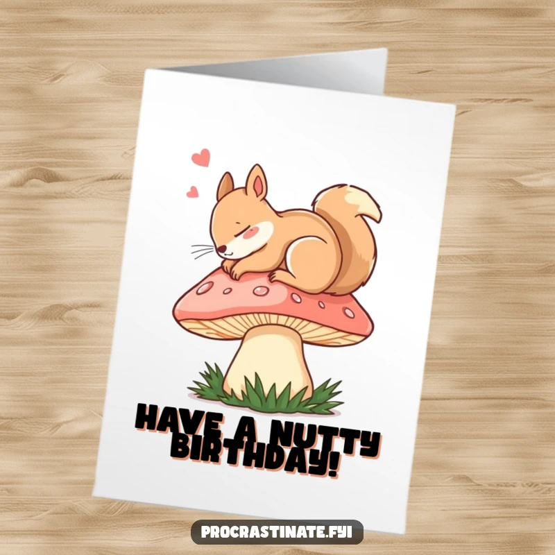 Funny Free Printable Birthday Card: A dozing squirrel sleeps soundly on a giant mushroom, dreaming of nutty birthday treats.
