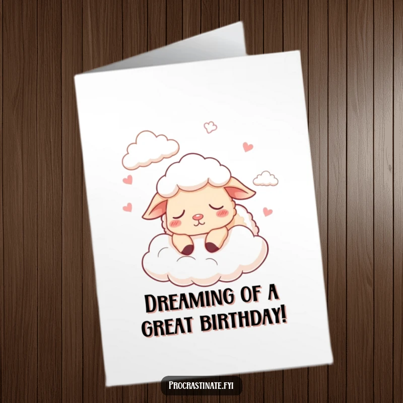 Funny Free Printable Birthday Card: A sleepy sheep counting clouds and dozing off, wishing a happy birthday.
