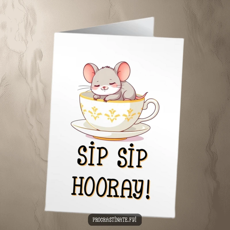 Funny Free Printable Mouse Birthday Card: Giggling mouse snoozes on oversized teacup saucer wishing a happy birthday.