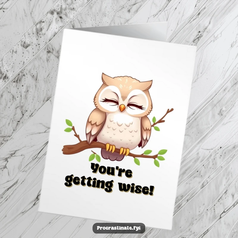 Funny Free Printable Owl Birthday Card: Curious owl blinks slowly from cozy branch, wishing a happy birthday.