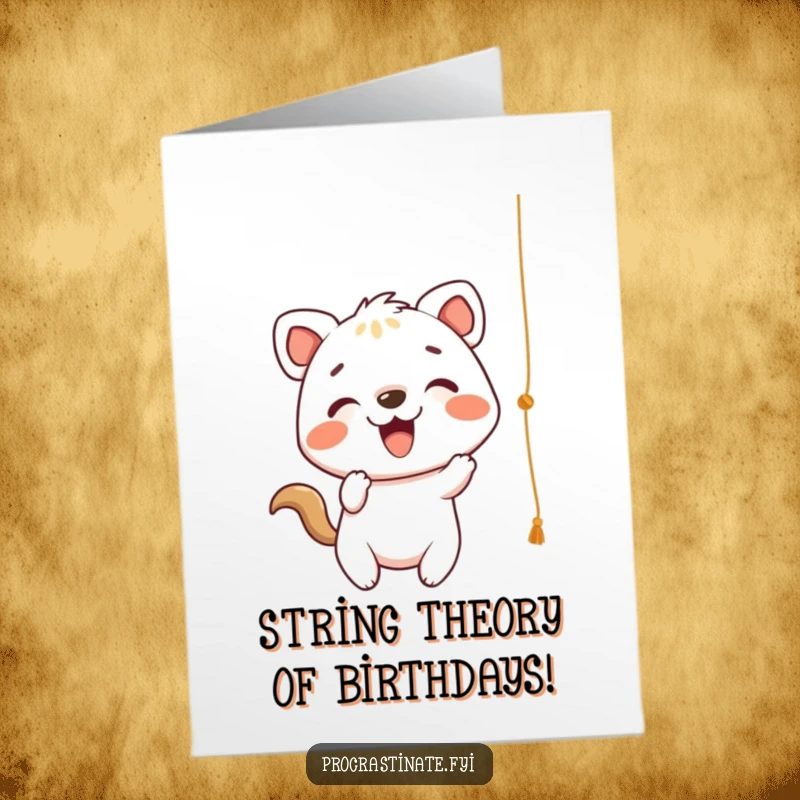 Funny Free Printable Birthday Card: Cheerful animal playfully batting at a dangling string, full of energy.