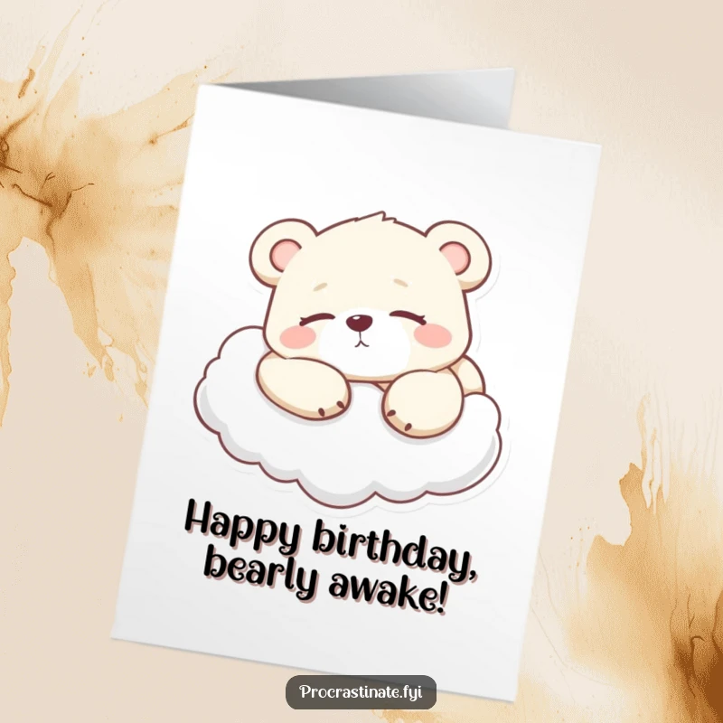 Funny Free Printable lazy bear cub lounging on a cloud, eyes half-closed, perfect for birthday.