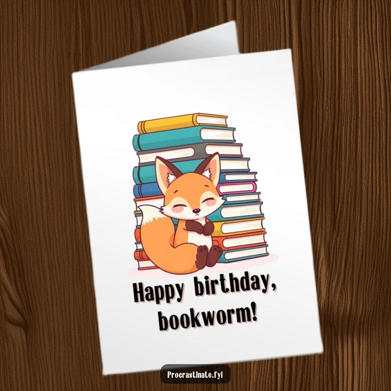 Funny Free Printable Birthday Card: A relaxed fox leans against a huge stack of books, ready to celebrate your special day.
