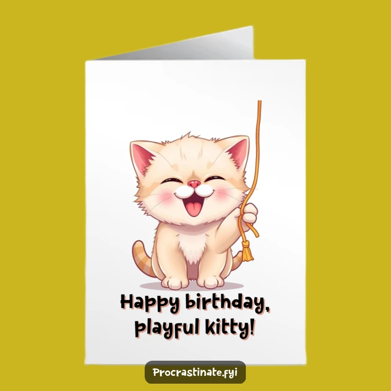 Free Printable Birthday Card: Giggling Kitten Yarn Play, Funny Joyful Download