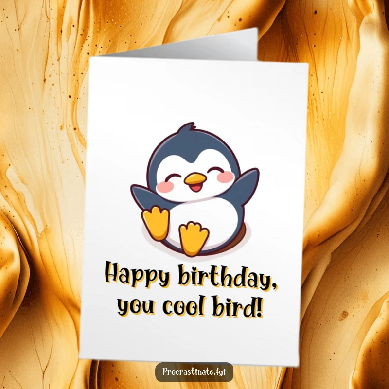 Funny Free Printable Birthday Card: Joyful penguin with eyes closed, happily sliding down a snowy hill with pure bliss.
